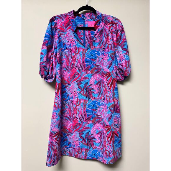 LILLY PULITZER Arcelle Printed Dress Ruby Red Wild Times Print Puff Sleeves Sz S - Picture 2 of 14